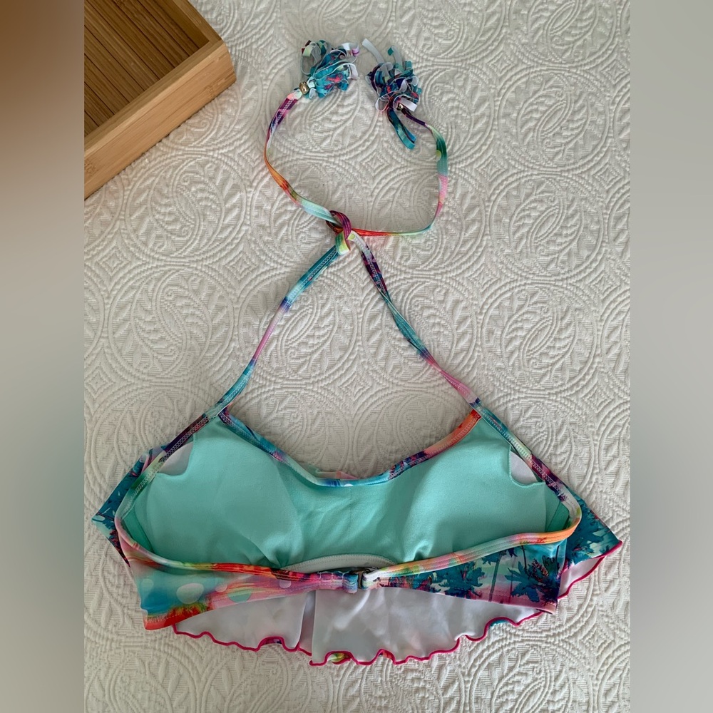 OP Halter Bikini Top Juniors Size M (7-9) Ruffled Removable Pads Tassel Tie - Picture 3 of 14
